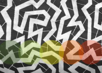 Black and white abstract lines with series of gradient circles at bottom from green to red. Illustation Nicole Paxton Sullo.