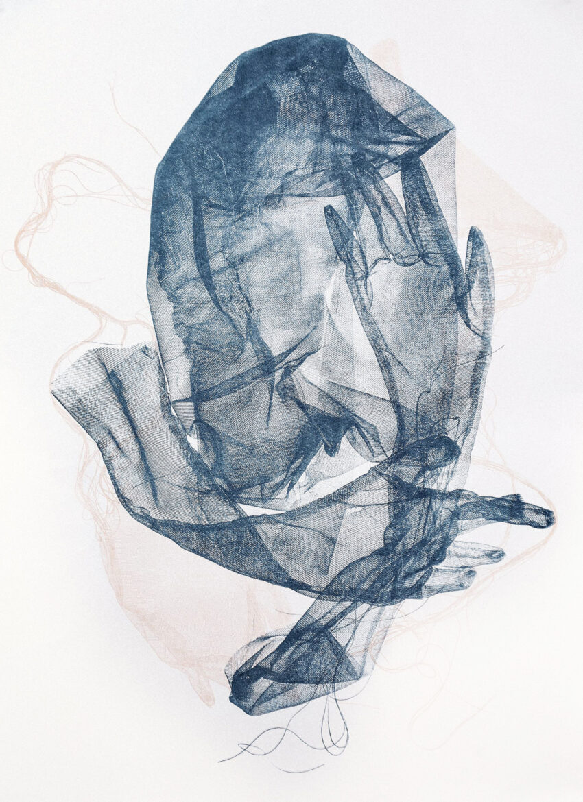 Gauzy dark blue and pink shapes of "shed skin"