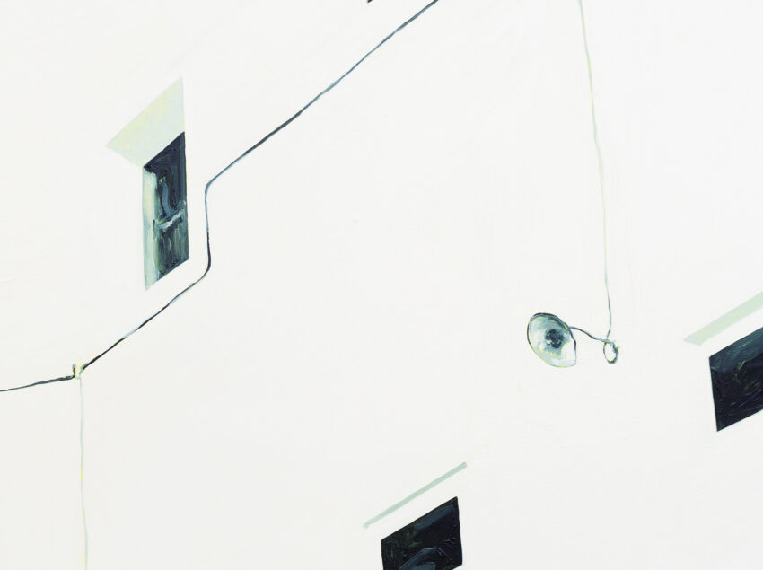 Painting of a building in white with gray windows