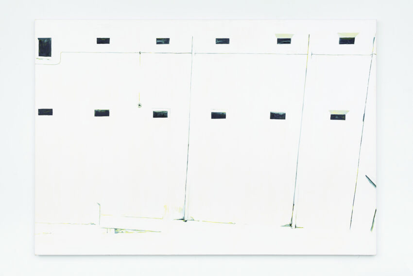 Painting of a building in white with gray windows