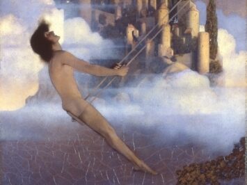 Early 20th-c painting of naked white person of uncertain gender with mid-length hair on a swing in front of a castle/clouds