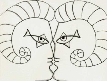 Ink sketch of minotaurs in profile. Jean Cocteau, Untitled. Courtesy 888 Auctions.