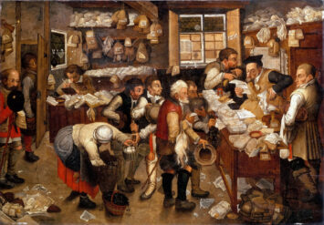 Flemish painting of people paying taxes