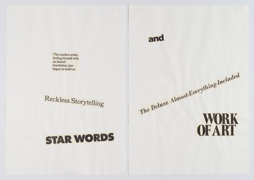 collaged words on white background reading in part "reckless storytelling star words and the deluxe almost-everything-inc..."