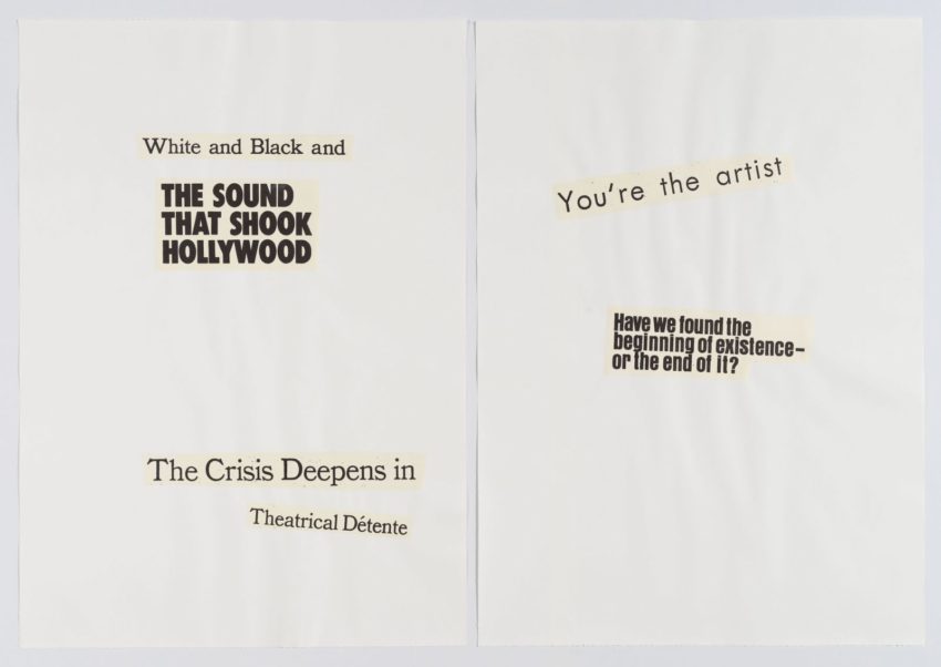 words collaged on white background reading in part "White and Black and the sound that shook Hollywood the crisis deepens..."
