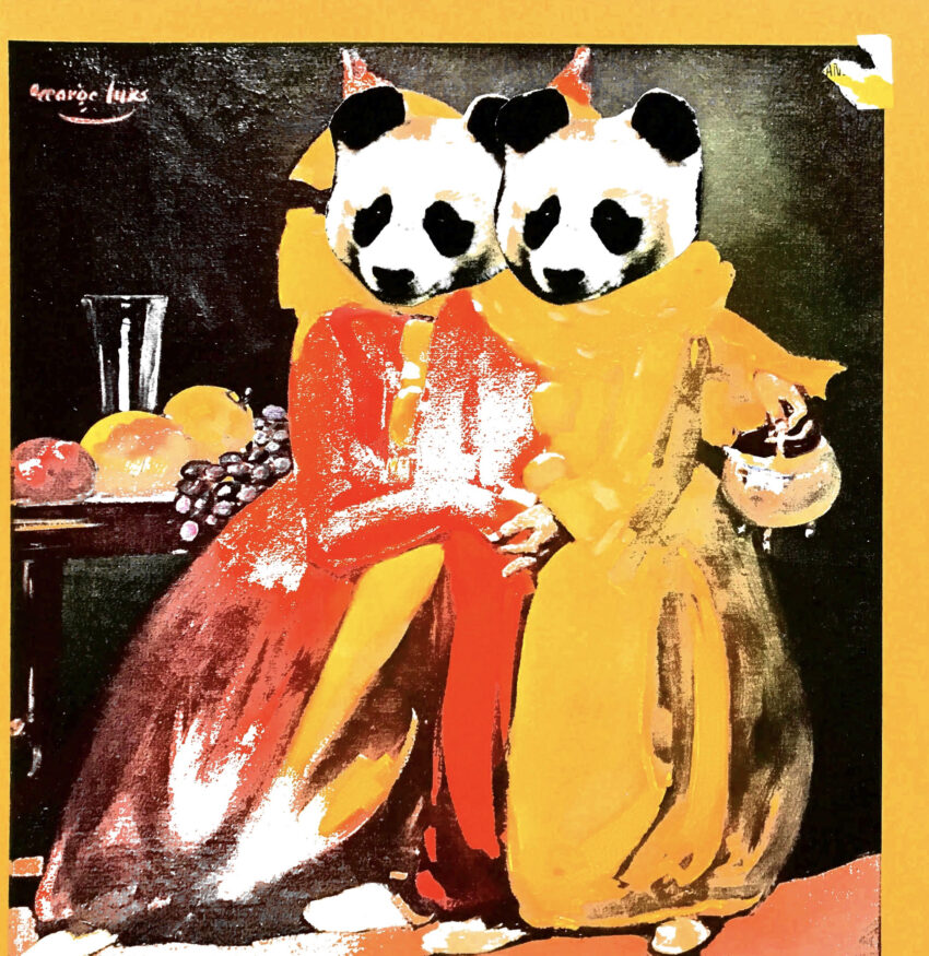 Painting of two pandas at a dining table by Abigail Frankfurt
