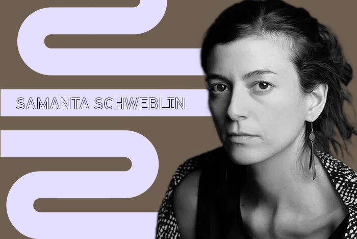 Black-and-white portrait of Samanta Schweblin against a gray and lavender background