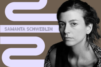 Black-and-white portrait of Samanta Schweblin against a gray and lavender background