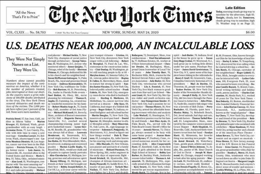 New York Times Cover reading "US Deaths near 100,000, an incalculable loss