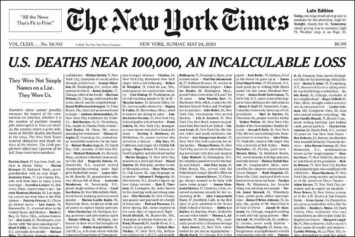 New York Times Cover reading "US Deaths near 100,000, an incalculable loss