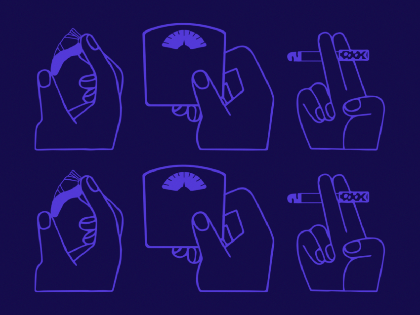 Graphic with hands holding ballet slippers, weighing scales, and cigarettes.