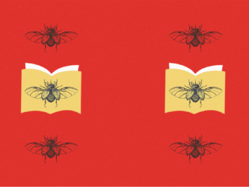 Graphic with pattern of two yellow books and beetles. Illustration by Laura Padilla Castellanos.