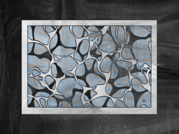 Graphic with blue white and black shapes in a black frame. Illustration by Laura Padilla Castellanos