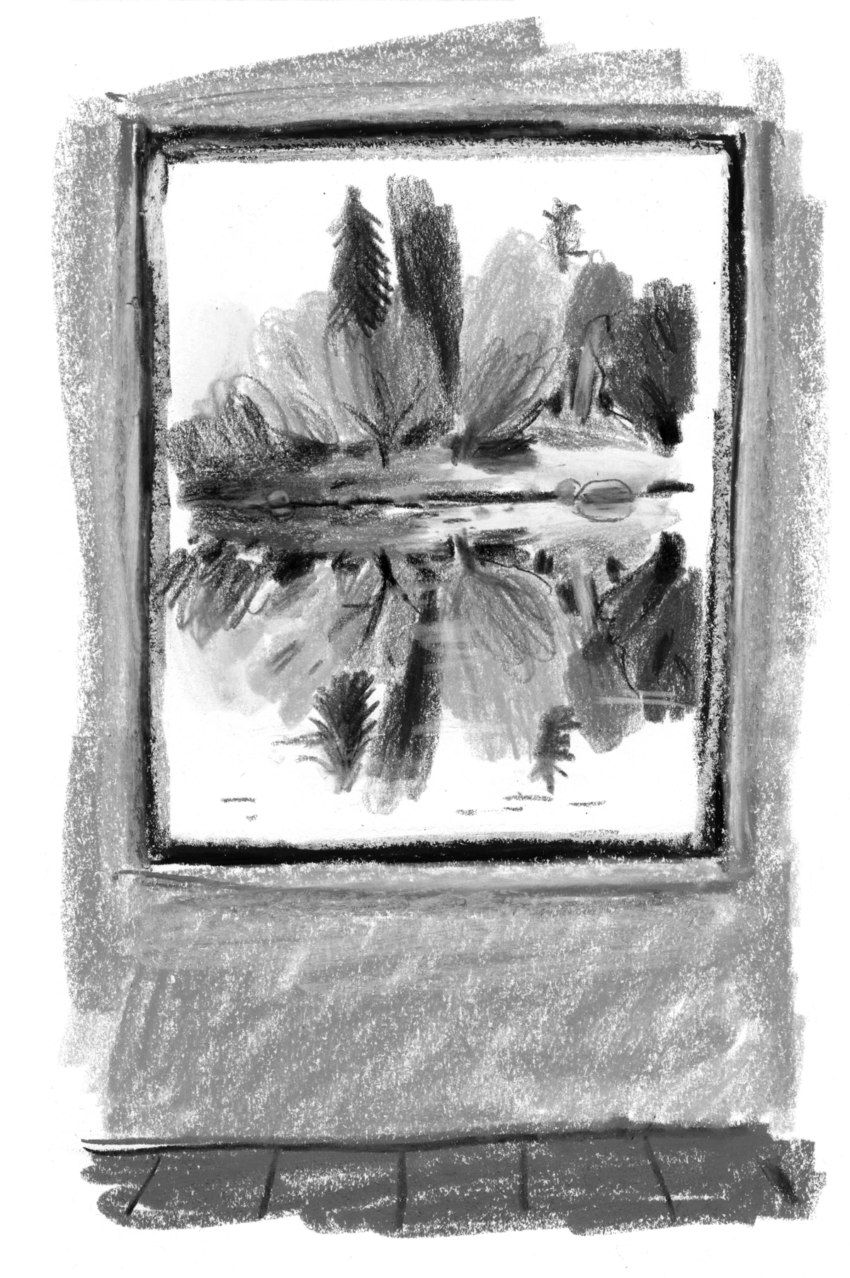 Black-and-white sketch of evergreen trees reflected in a river, as seen through a window