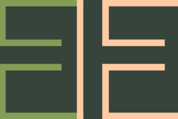 Graphic of two E‘s in muted orange and green on a green background