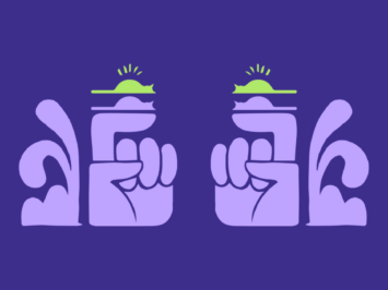 Purple graphic with cats resting on index fingers by Laura Padilla Castellanos