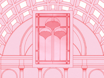 Graphic of a pink building with a coffered ceiling and a stained glass image of ginkgo leaves. Laura Padilla Castellanos.