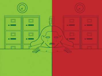 Woman with her arms crossed resting her head on a table. Illustration by Laura Padilla Castellanos.