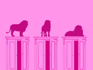 Pink graphic with lions and wardrobes by Laura Padilla Castellanos.