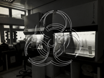 Illustration by Laura Padilla Castellanos. View of a lab with graphic of biohazard symbol.