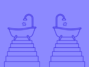 Graphic with two bathtubs on pedestals and a leaf dropping from the faucets