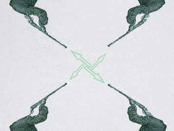 Graphic with four men pointing guns to the center of the image. Illustration by Laura Padilla Castellanos.