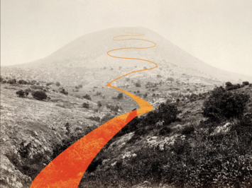 A sepia landscape with a mountain in the background and orange path through valley. Illustration by Laura Padilla Castellanos