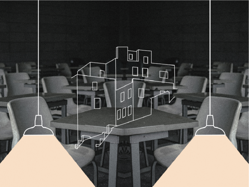 Black and white image of a cafeteria with illustration of a building and low-hanging lights superimposed.