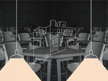 Black and white image of a cafeteria with illustration of a building and low-hanging lights superimposed.