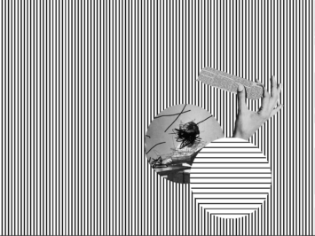 Black and white striped background with hand holding a shape with text on it.