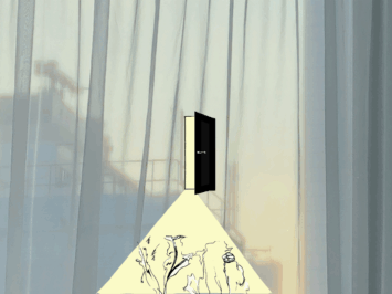 Graphic with open door and sheer curtains by Tung Chau.