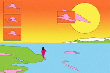 Graphic with scene of a person walking on a shoreline and a sunset. Illustration by Laura Padilla Castellanos