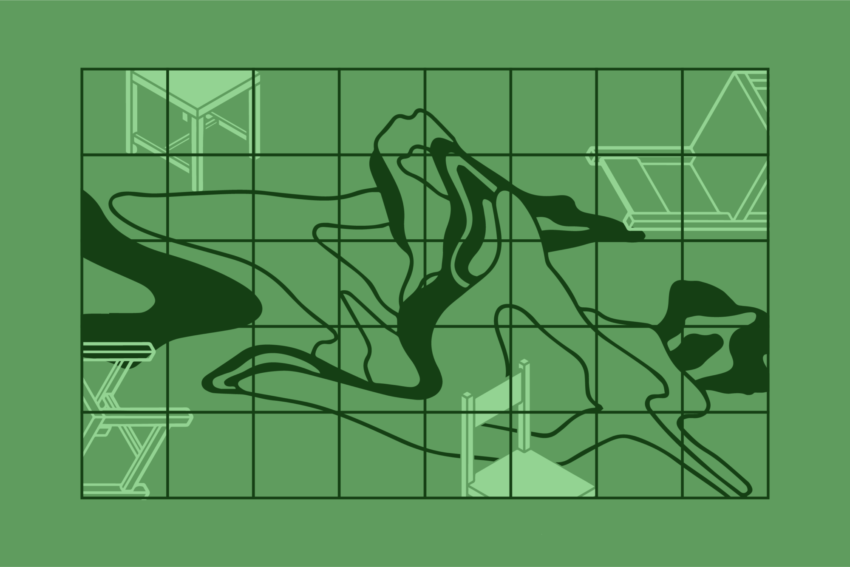 Illustration of fluid black shapes and chairs by Laura Padilla Castellanos