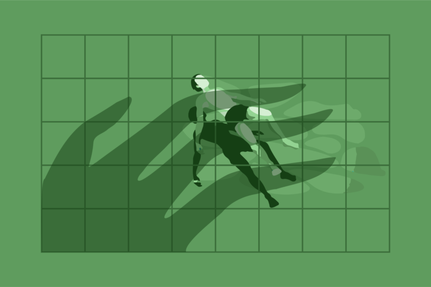 Illustration of a figure falling against a green background