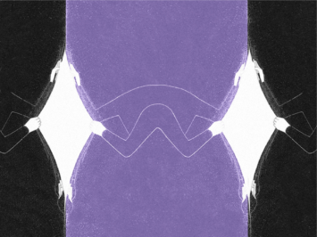 Graphic with alternating black and purple, and hands opening to a white space